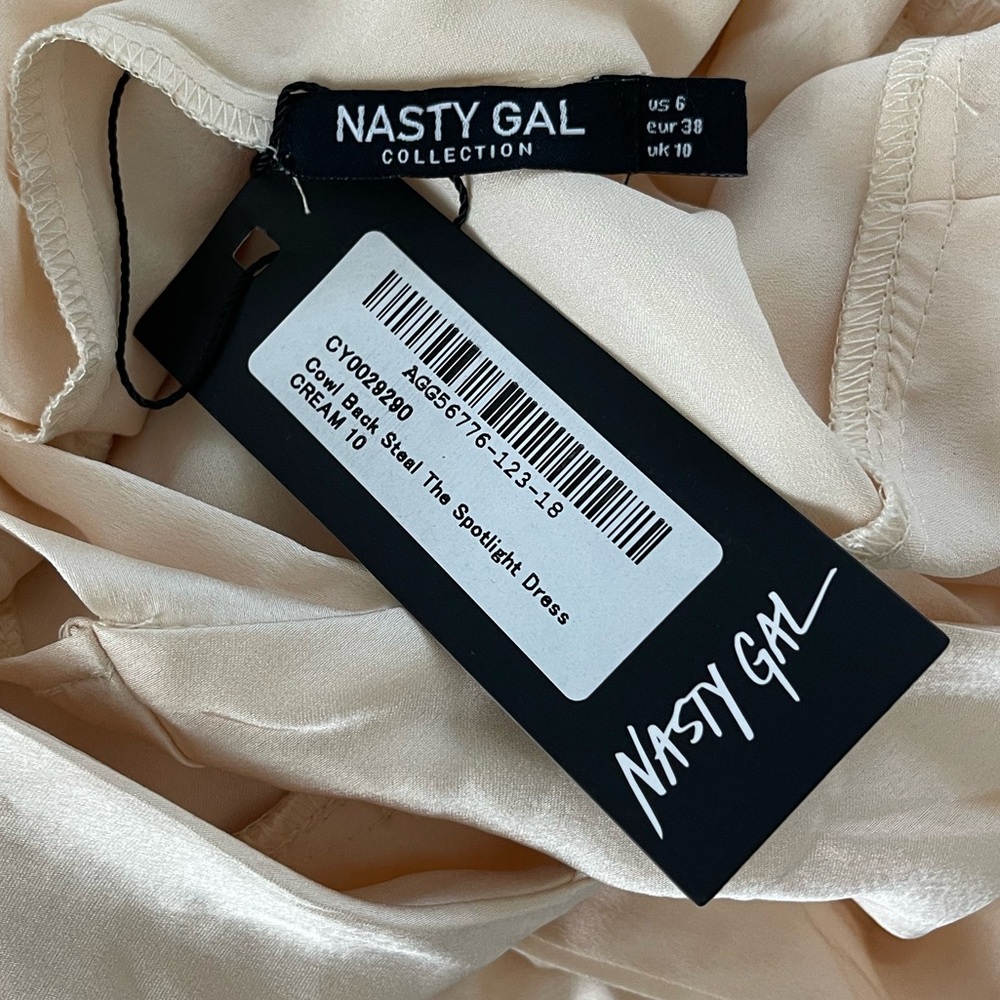 Nasty Gal Satin Champagne Cowl Back Wrap Front Maxi Dress Size 6 NWT - Picture 6 of 6